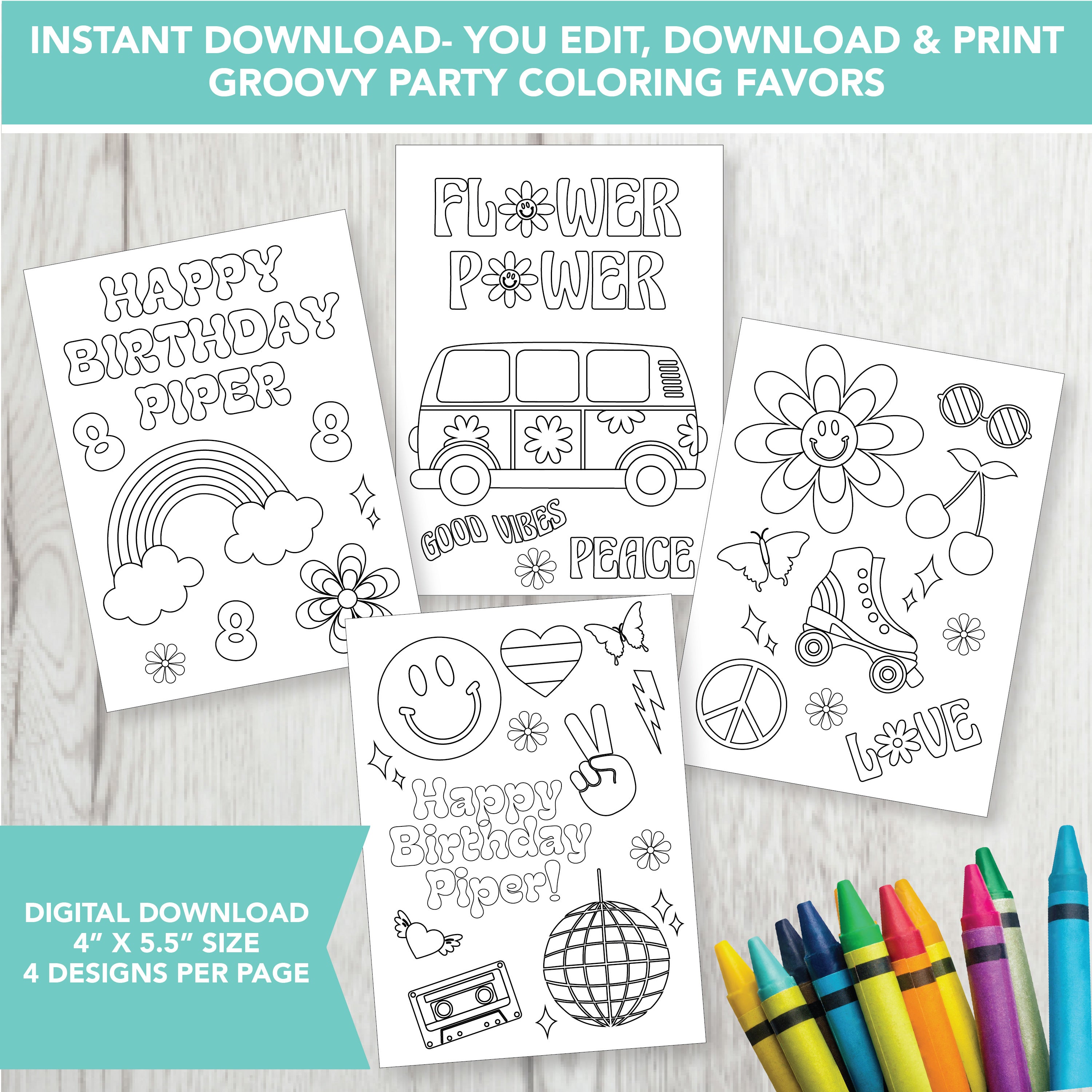Editable groovy coloring party favors â