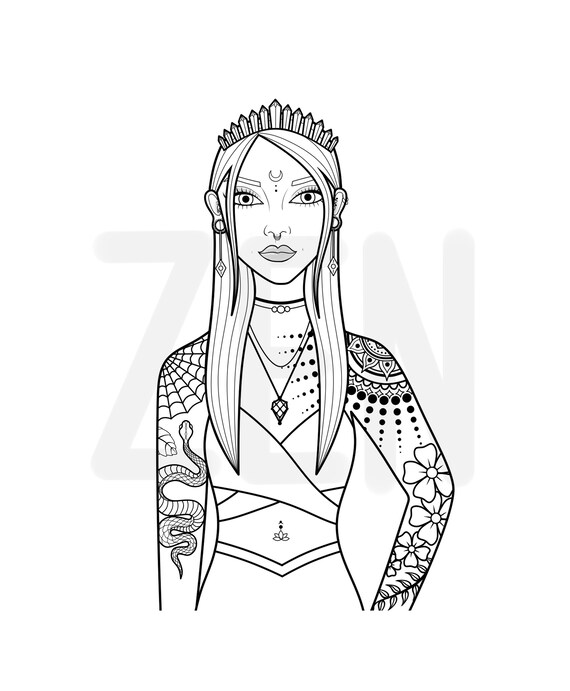 Tattooed girl printable coloring page coloring page for adults crystal babe coloring sheet crystal queen goddess coloring page