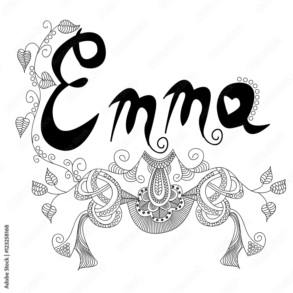 The inscription of the female named emma with a beautiful floral pattern in doodle style style printing on t