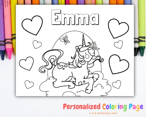 Personalized coloring page unicorn custom coloring book page with name digital download coloring pages for kids