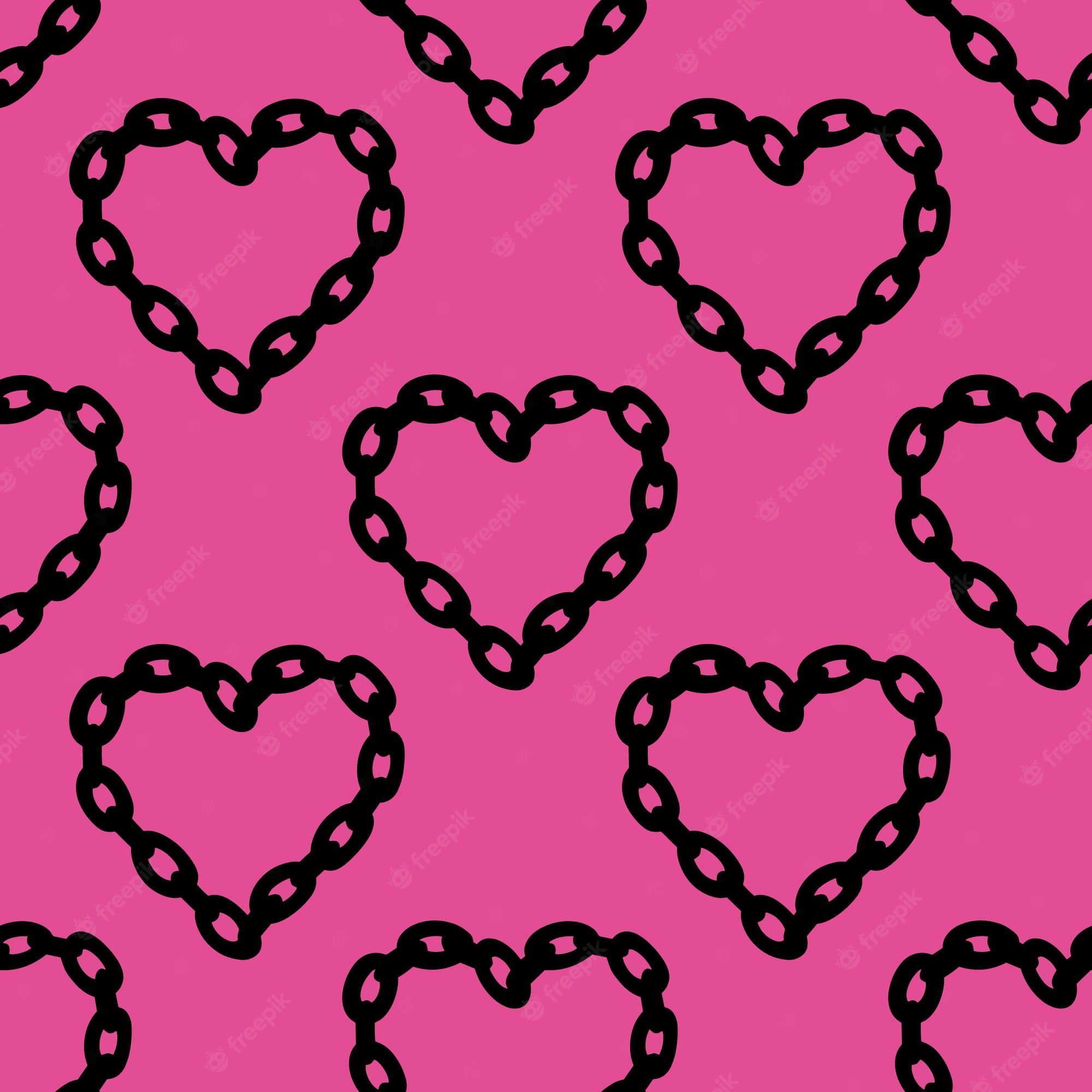 Premium vector seamless pattern with chain hearts emo background black on pink background