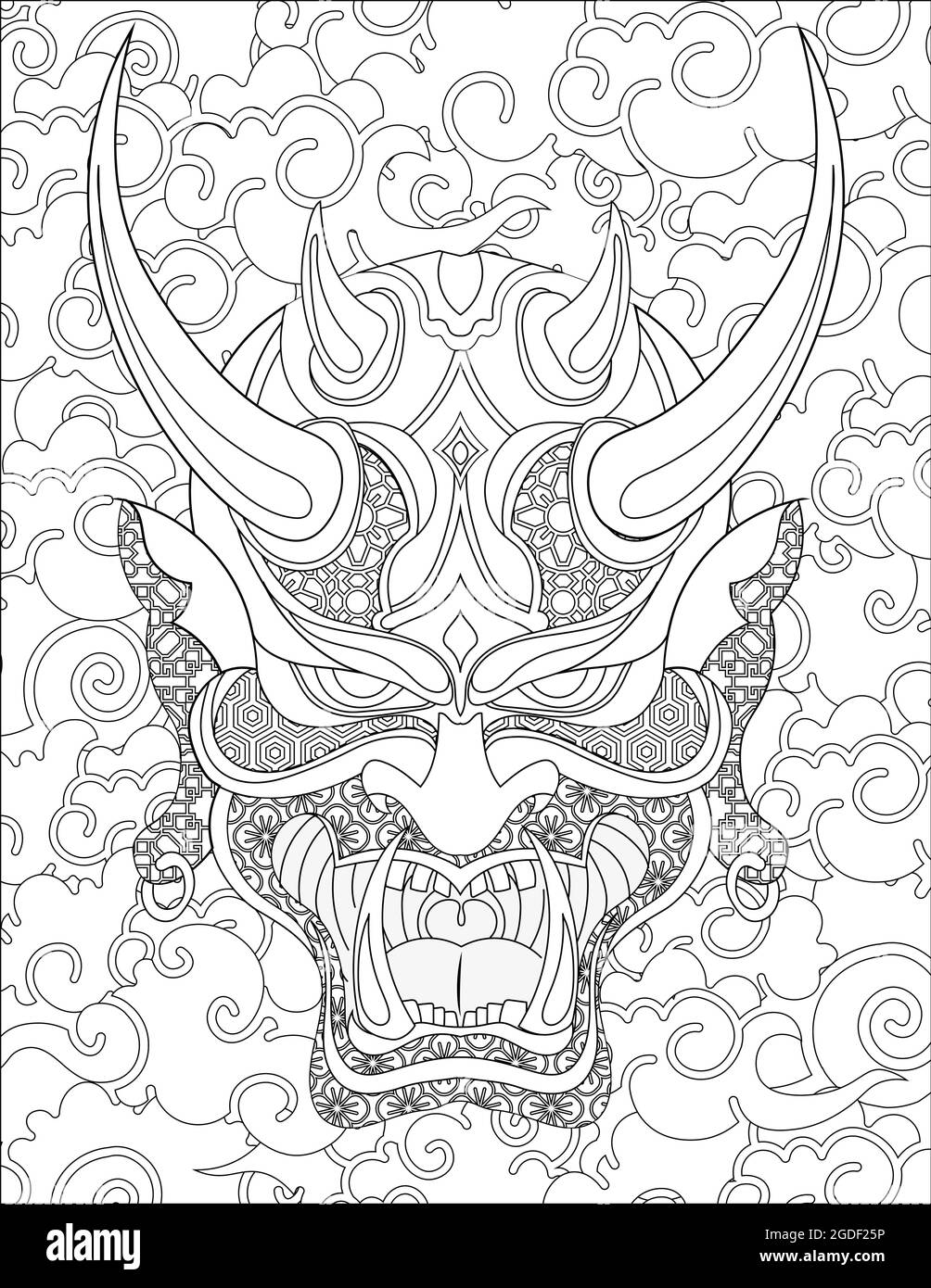 Oni mask facing forward with cloudy background colorless line drawing japanese demon face disguise with horns coloring book page stock vector image art