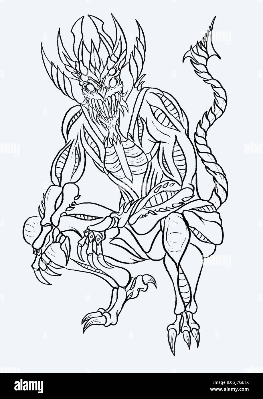 Crouching demon hand drawn illustration stock photo