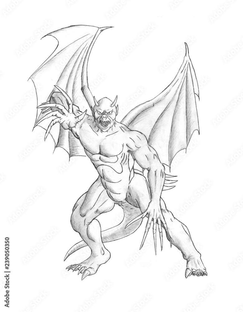 Black and white pencil concept art drawing of winged fantasy demon or evil devil monster with wings tail claws and horns illustration