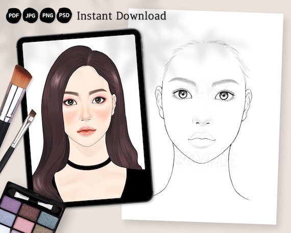 Makeup face chart printable digital coloring pages face templates for makeup artist grayscale instant download