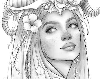 Printable coloring page fantasy floral girl portrait