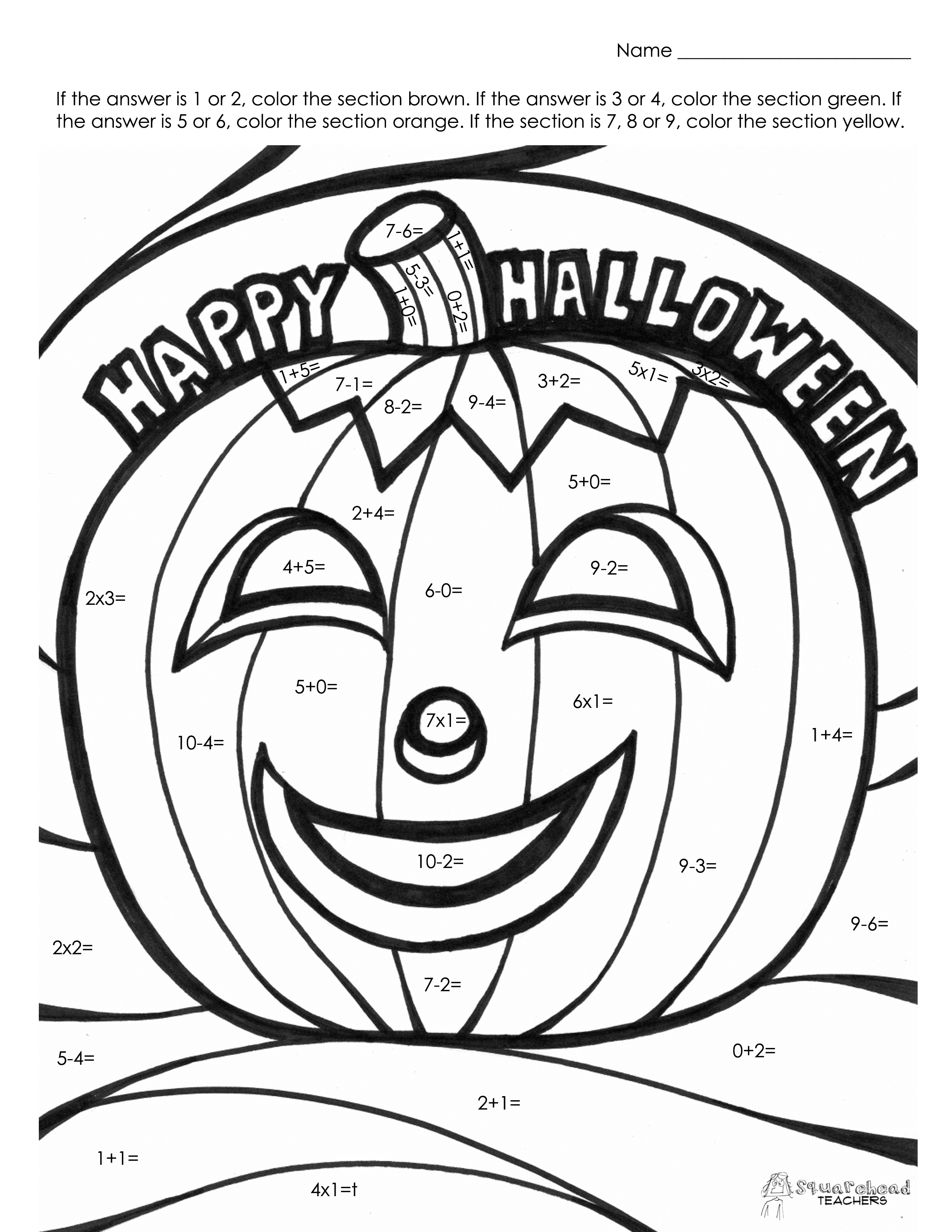 Halloween math fact coloring page squarehead teachers