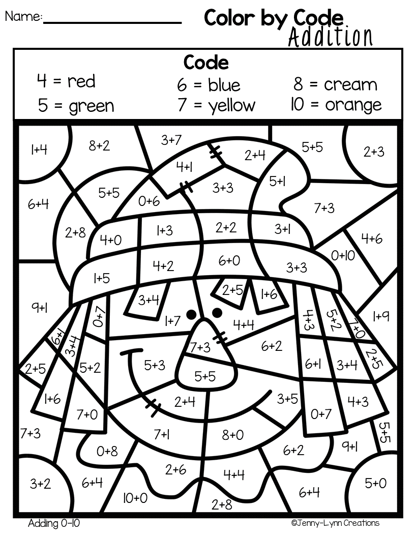 Free color by code fall addition sight word coloring fall math words