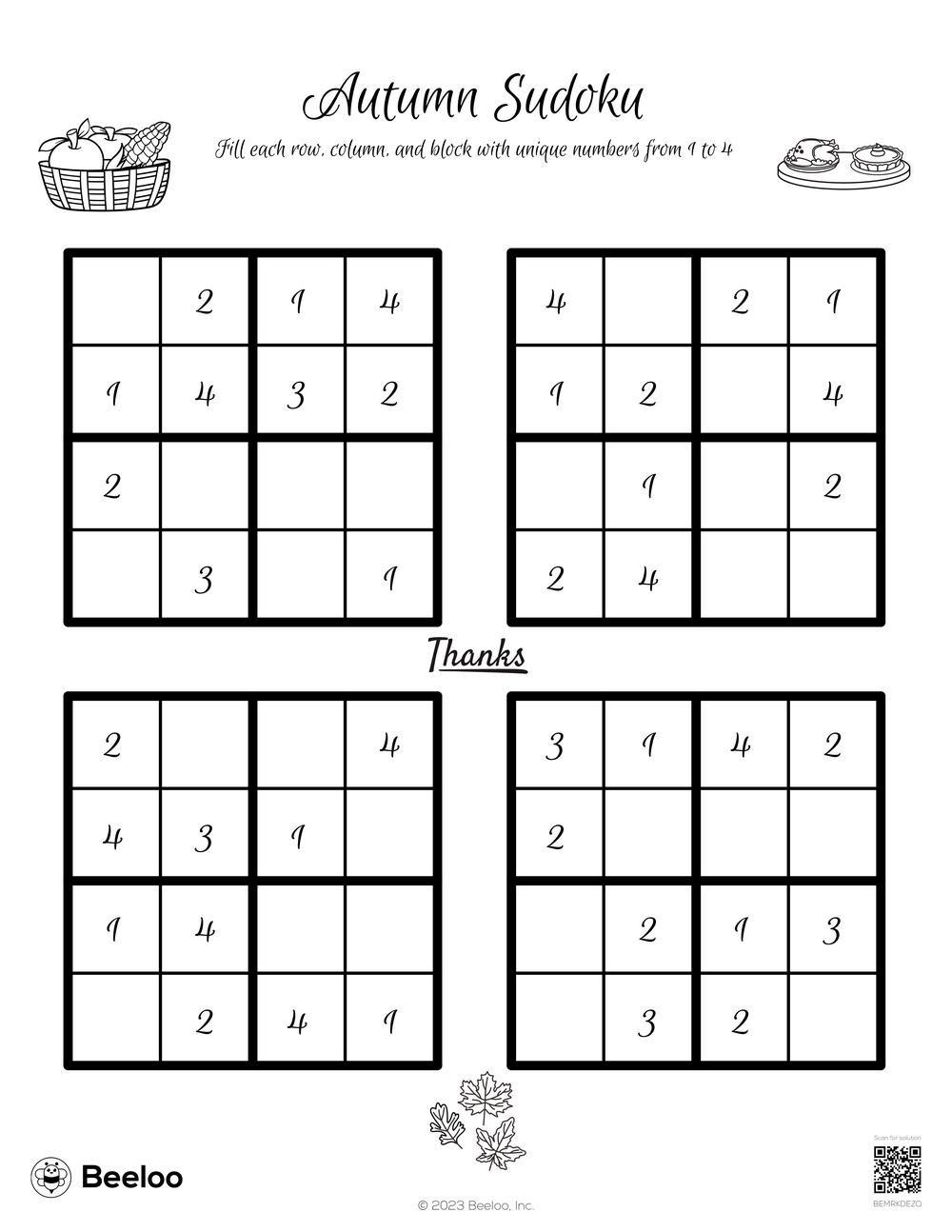 Autumn sudoku â printable crafts and activities for kids