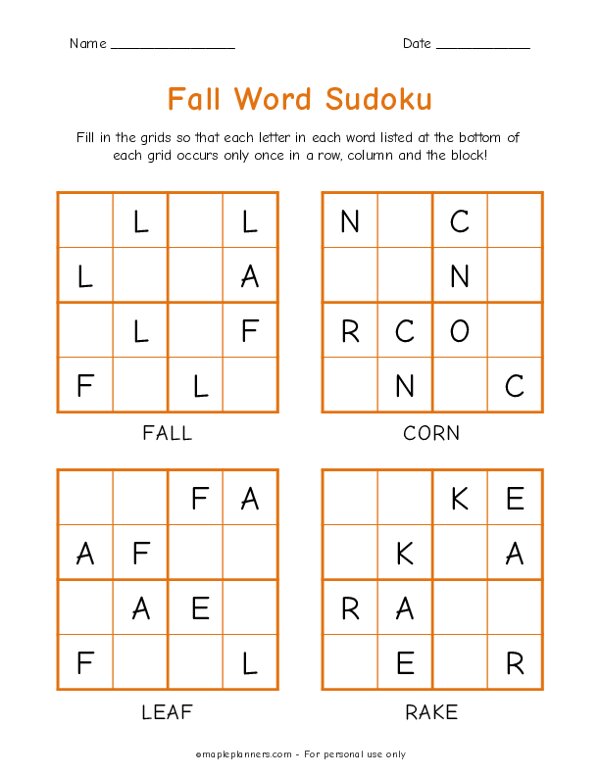 Free printable fall word sudoku for kids easy x grid