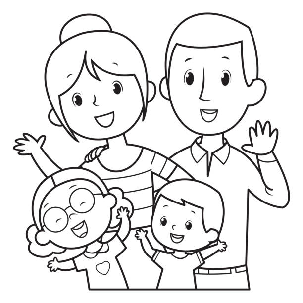 Black and white family portrait father mother a girl and a boy stock illustration