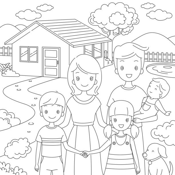 Family standing front their home in doodle style stock illustration