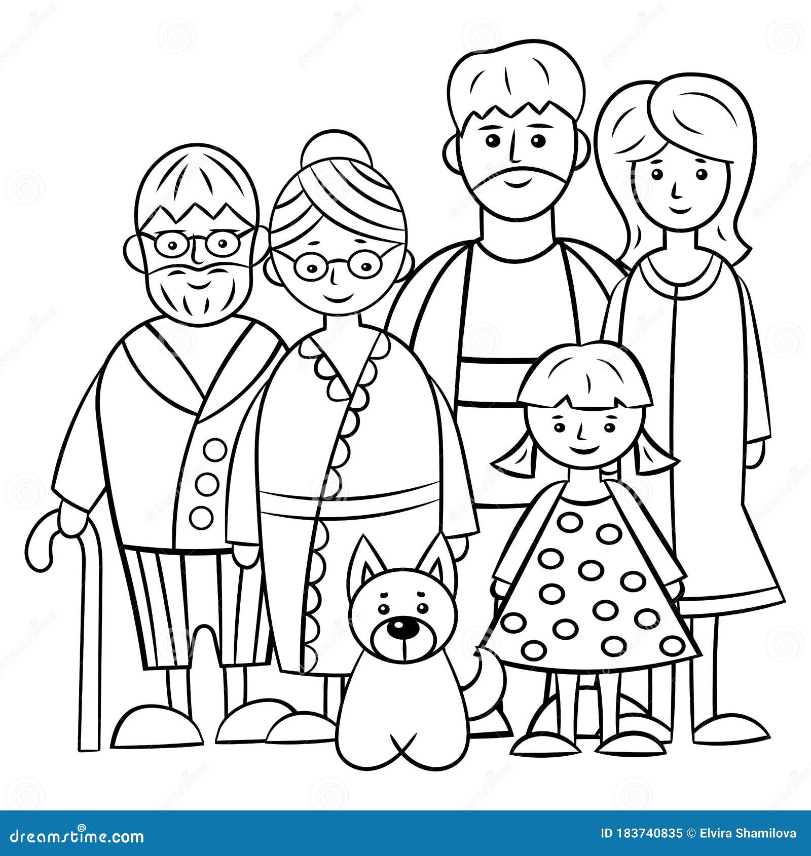 A family of five and a dog coloring page stock vector
