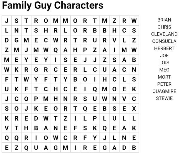 Wordsearch family guy characters quiz