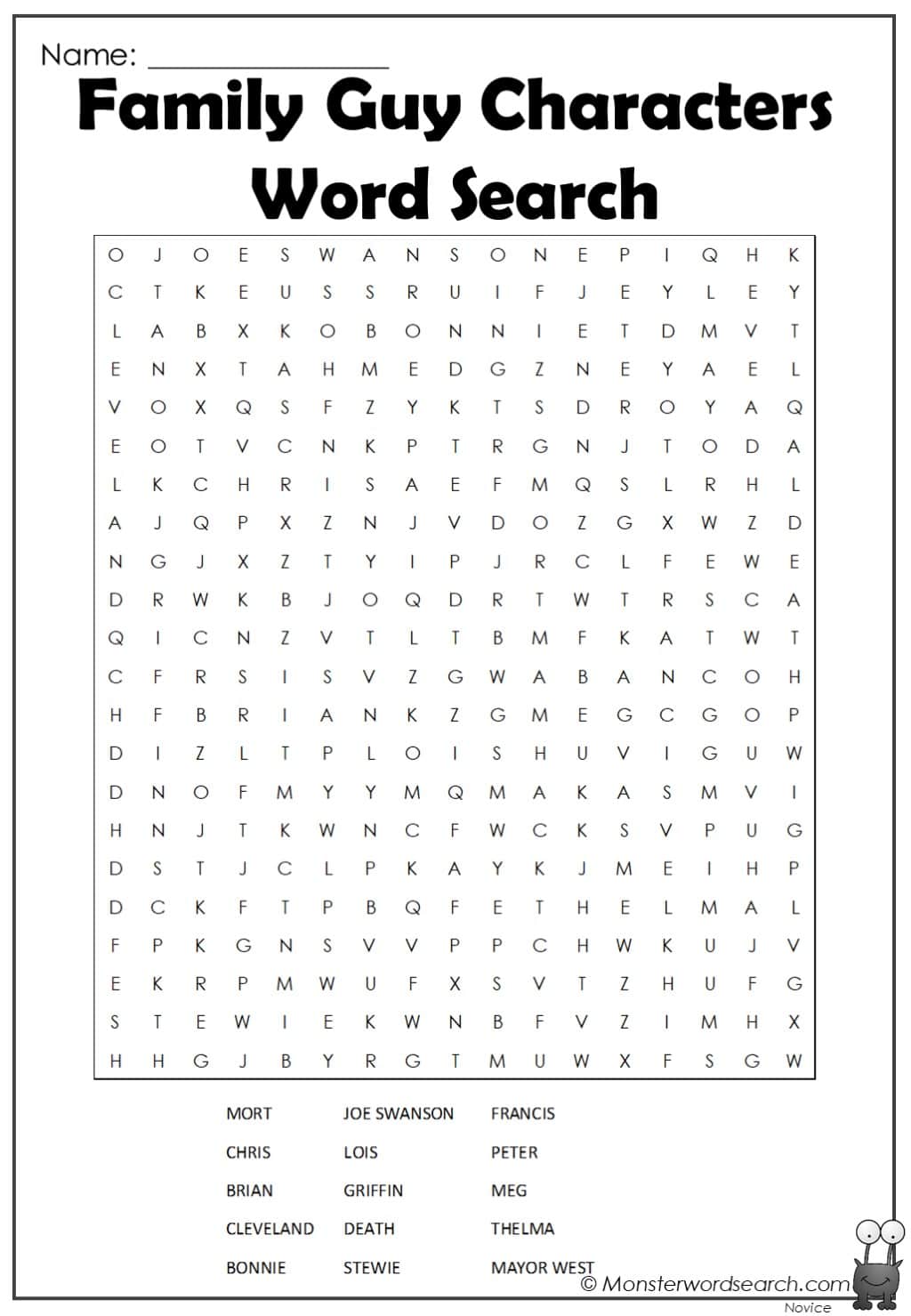 Family guy characters word search
