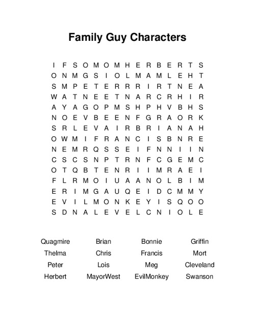 Family guy characters word search