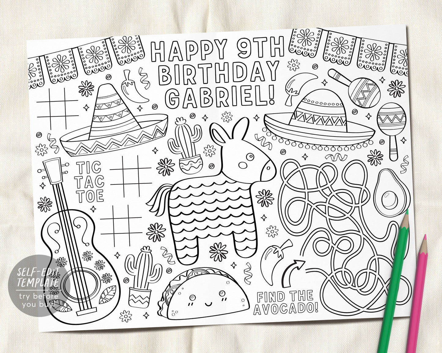 Fiesta coloring placemat for kids editable template mexican birthday â puff paper co