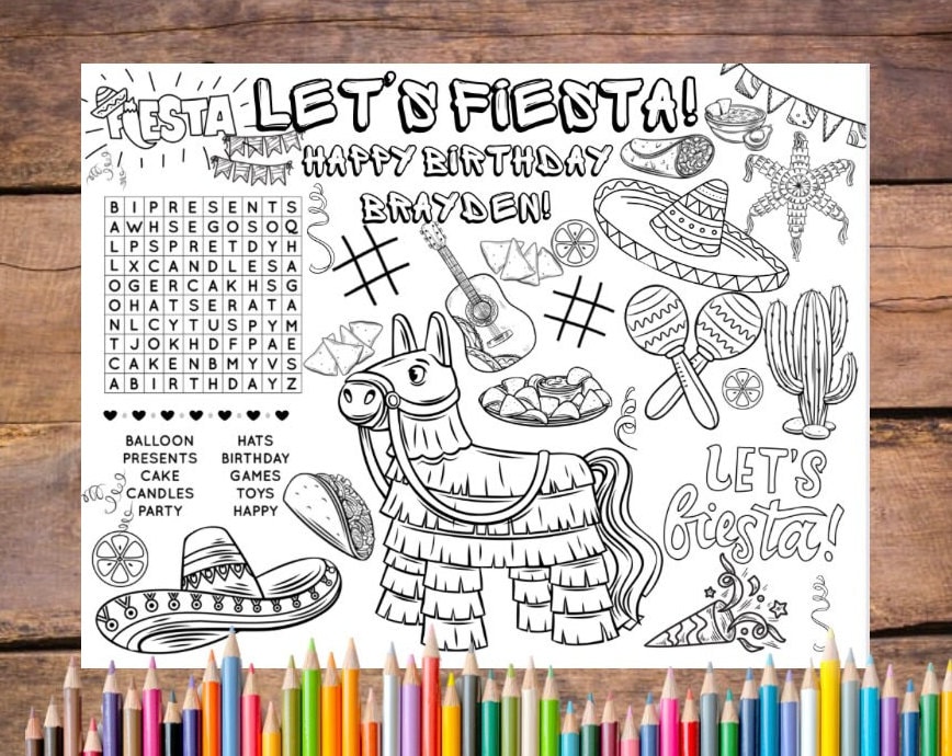 Customizable lets fiesta birthday printable coloring page lets fiesta party favor fiesta party activity three esta fiesta activity