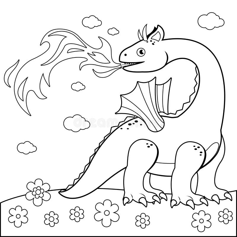 Fire breathing dragon vector black and white coloring page stock vector