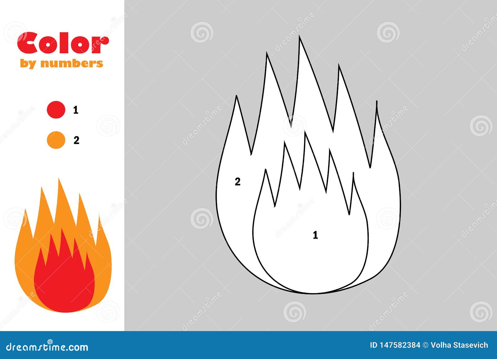 Fire in cartoon style color by number education paper game for the development of children coloring page kids preschool stock illustration