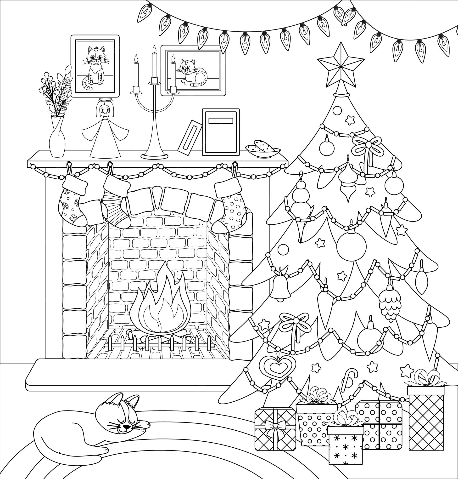 Premium vector christmas interior coloring page black and white cozy fireplace vector