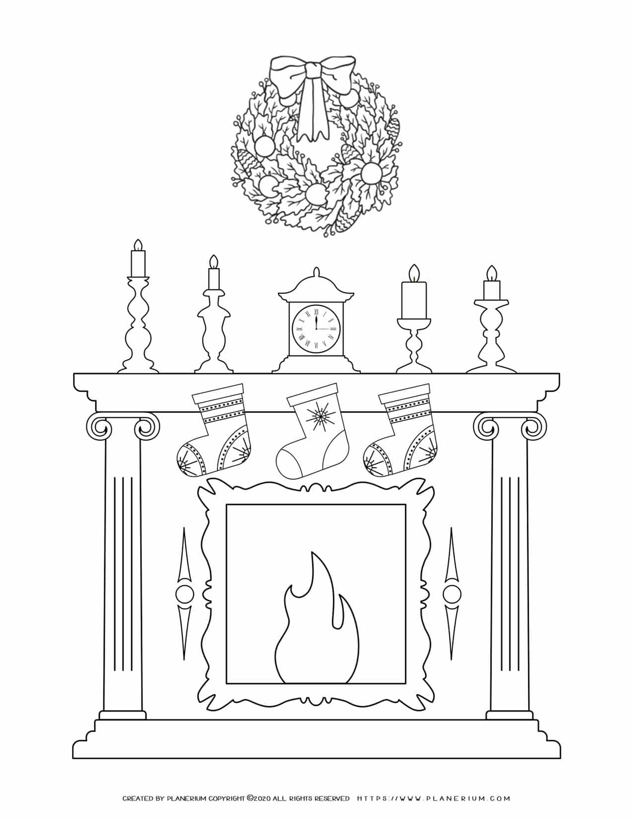 Christmas fireplace free coloring page