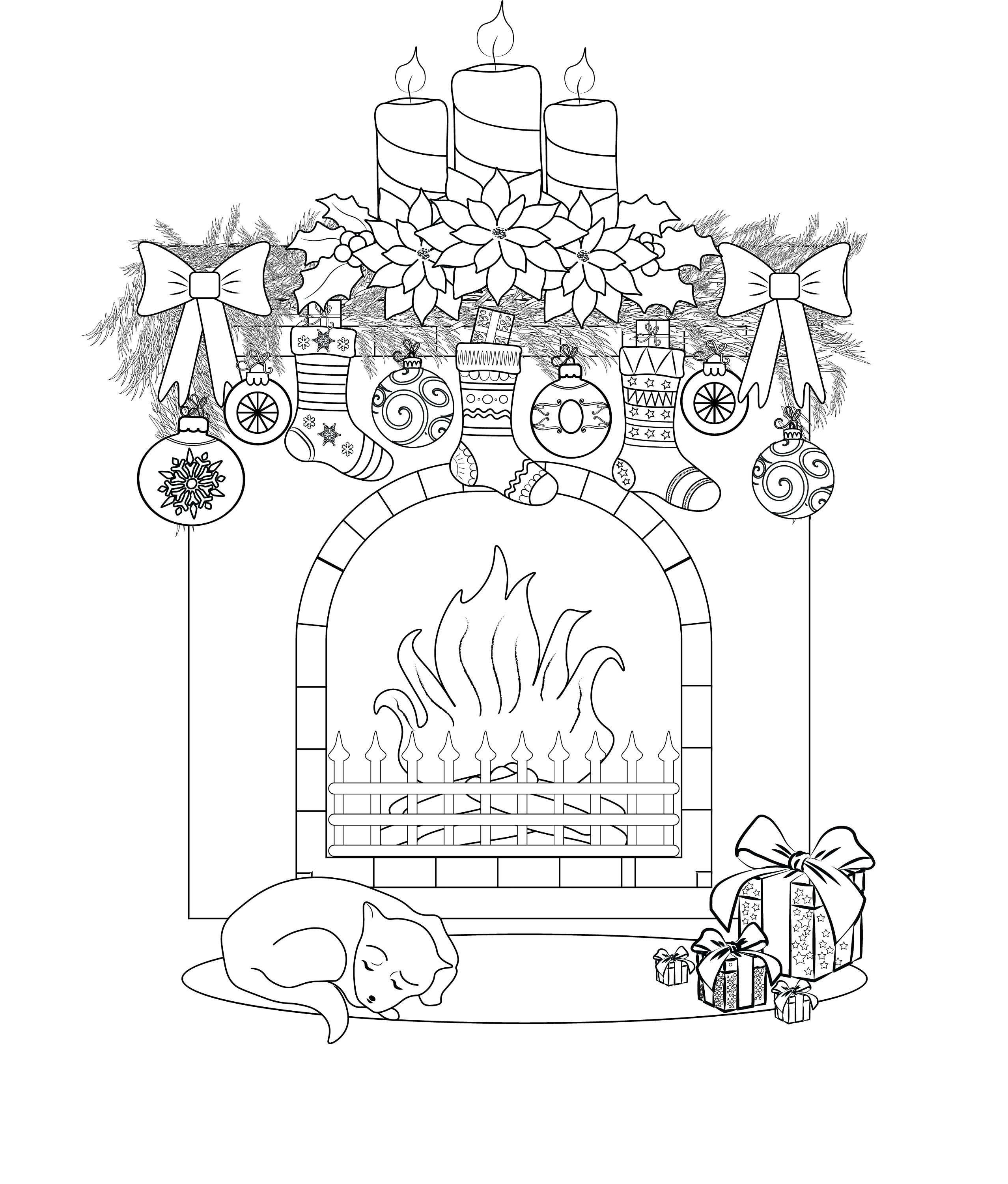Christmas fireplace coloring page by makart made with love