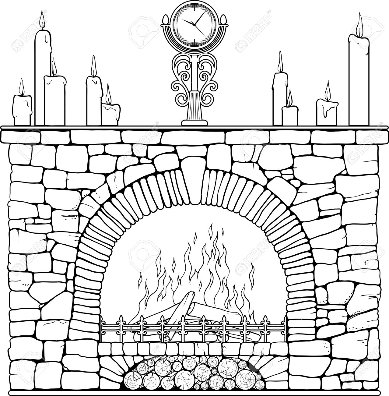 Stone fireplace with clock and candels coloring page royalty free svg cliparts vectors and stock illustration image
