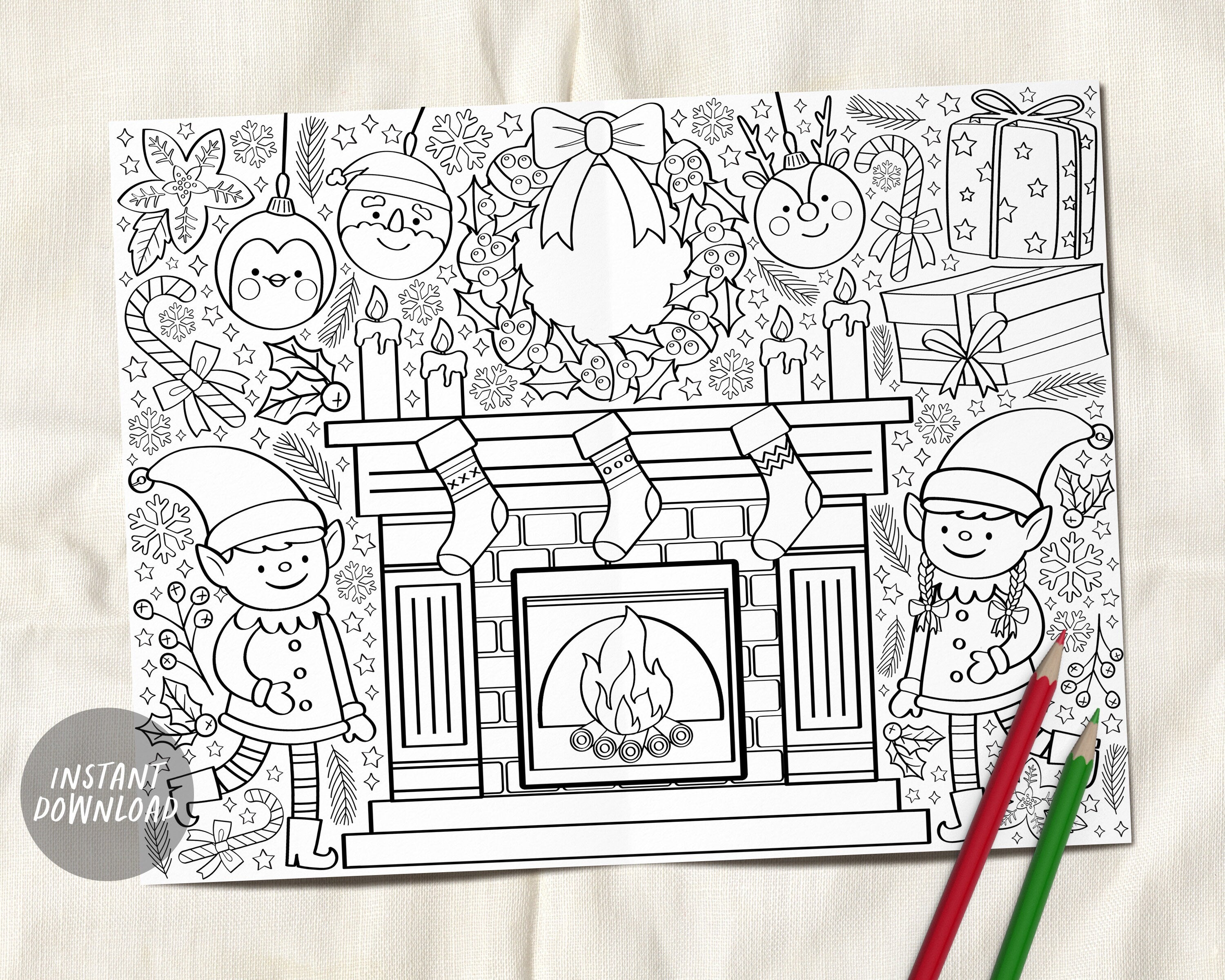 Elf christmas coloring page placemat for kids holiday elves xmas wrea â puff paper co