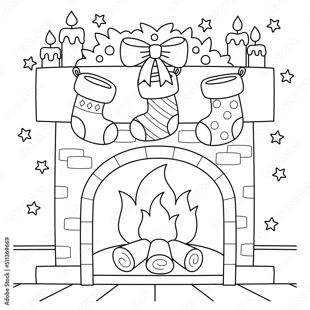 Christmas fireplace with ing coloring page vector