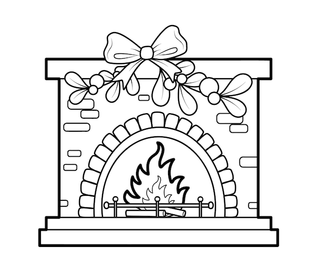 Premium vector christmas coloring book or page for kids fireplace black and white vector illustration