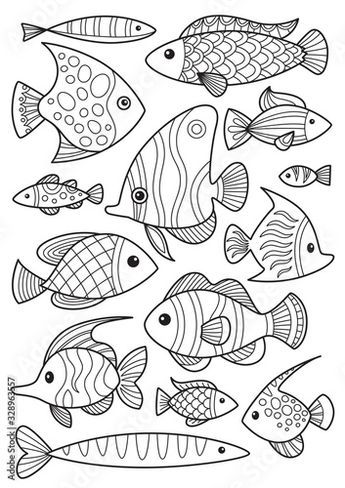 Stock image doodle coloring book page fishes set antistress for adults collection of black and white doodleâ black and white doodle fish sketch fish drawings