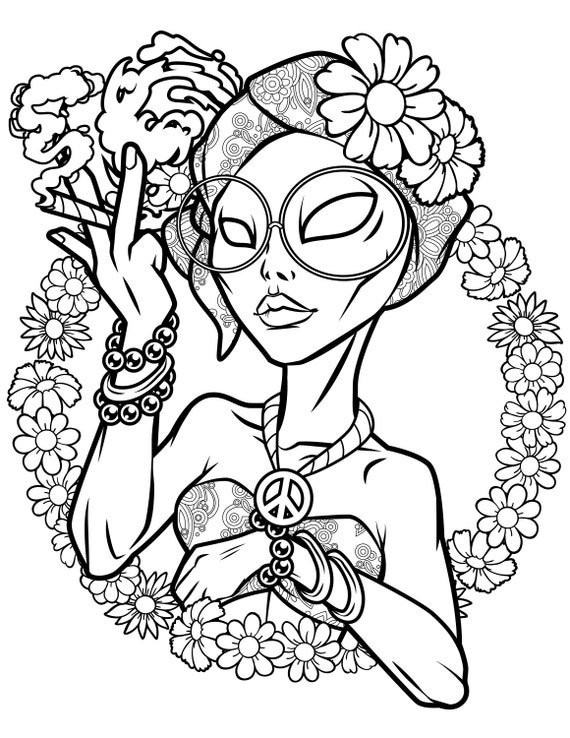 Hippie alien girl printable alien smoking weed digital download peace sign trippy hippie coloring page