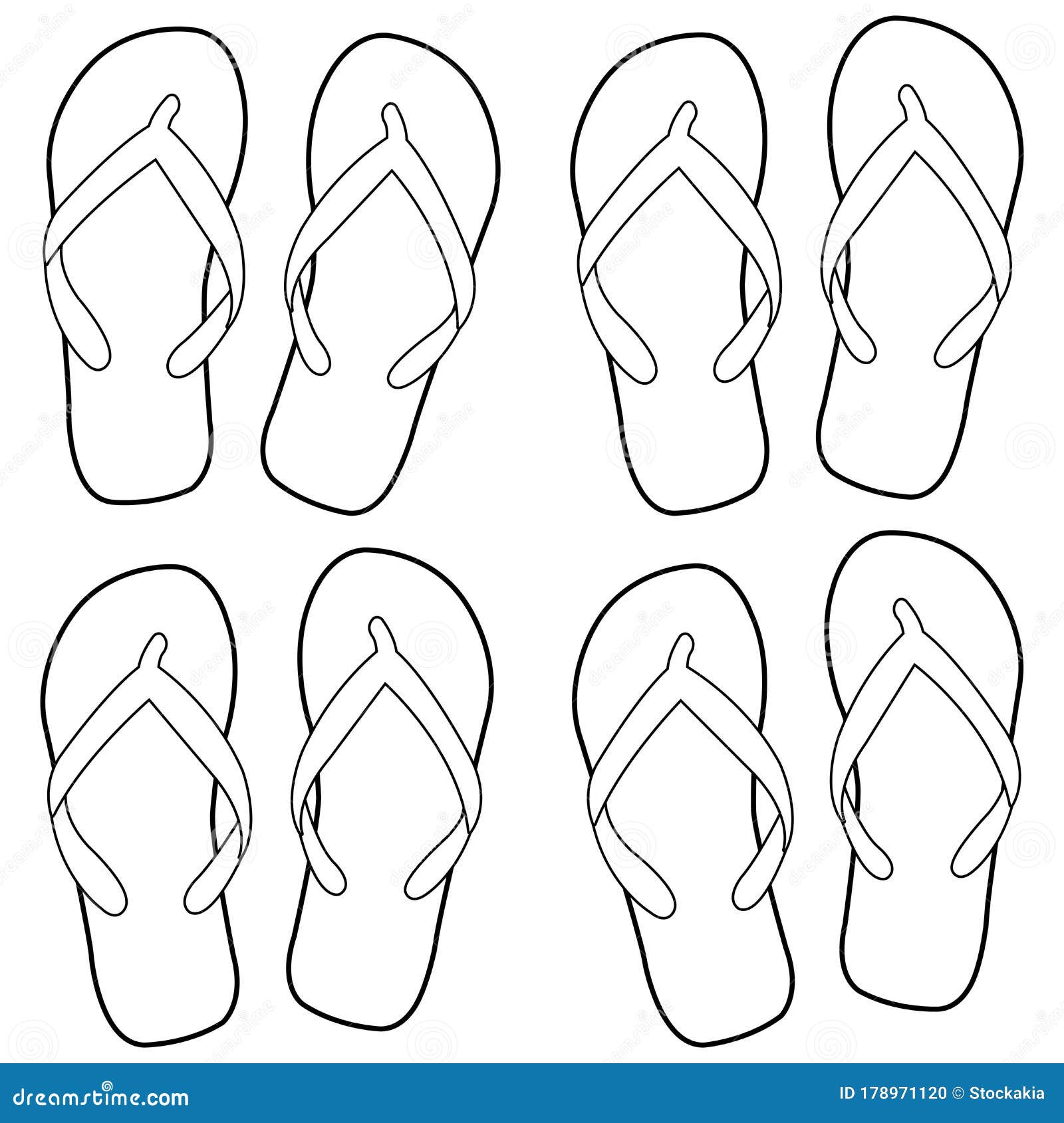 Summer flip flops black and white coloring page stock vector