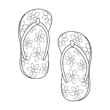 Premium vector doodle flip flop shoes in outline with flower pattern pair of slippers coloring page