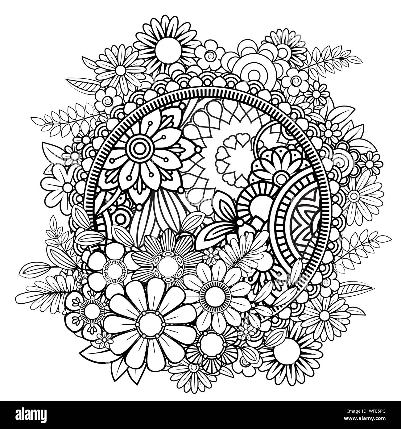 Adult coloring page with flowers pattern black and white doodle wreath floral mandala bouquet line art vector illustration isolated on white background round design element stock vector image art