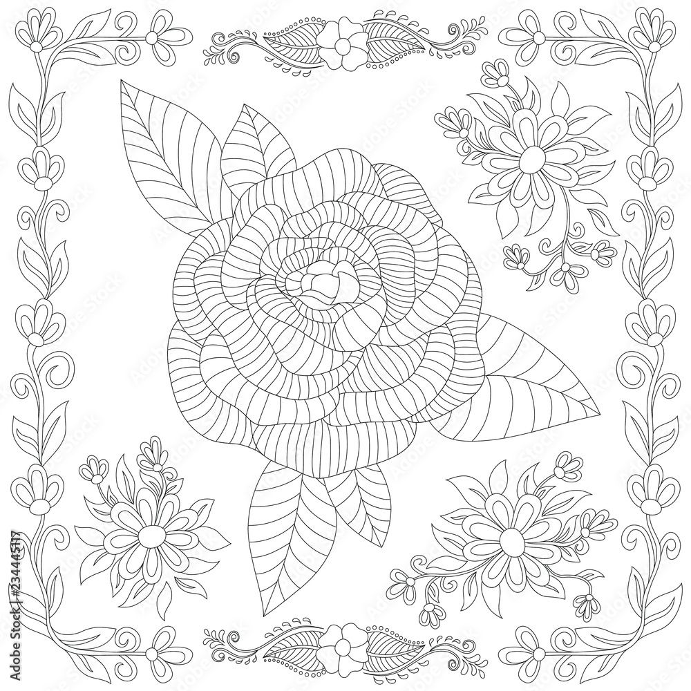Vector flower pattern set of hand drawn floral frame rose and other elements flower coloring page adult coloring book design doodle art beautiful monochrome flowers zentangle floral print vector