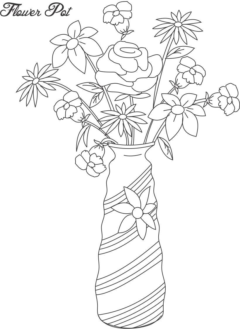 Flower pot coloring printable page for kids