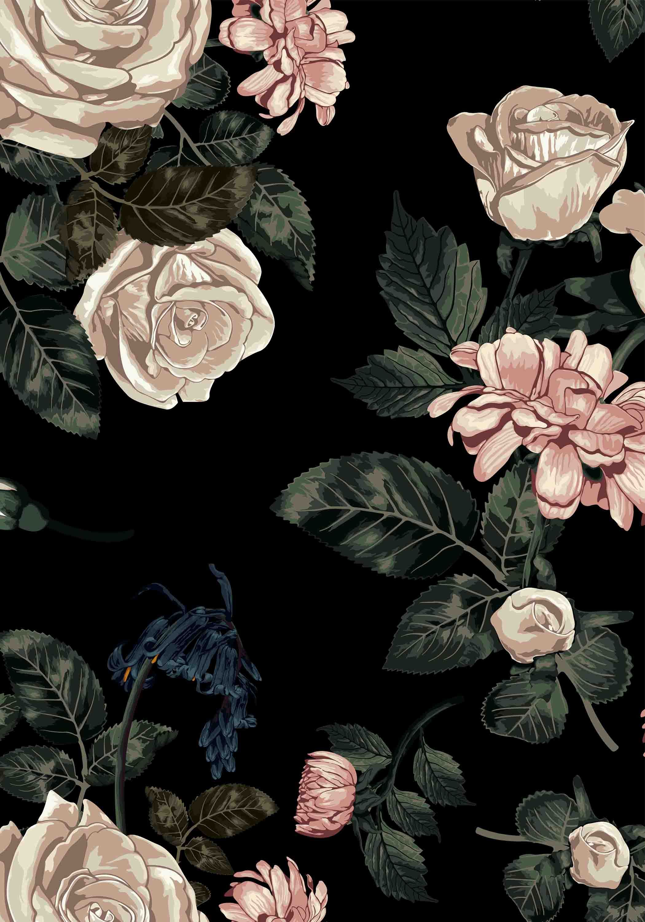 Floral on black background wallpaper removable self adhesive