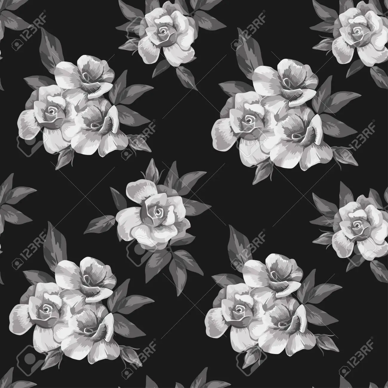 Creative black white seamless illustration rose flowers on the black background design fabric pattern trendy floral wallpaper royalty free svg cliparts vectors and stock illustration image
