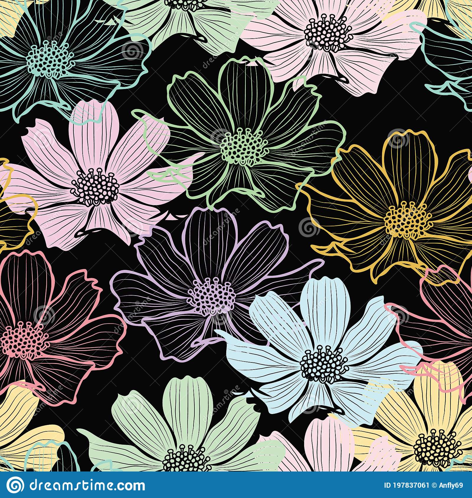 Floral seamless pattern with cosmos flower pastel outline flowers on black background design stock vector