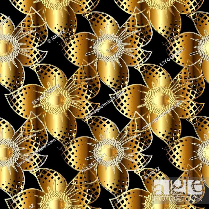 Gold d flowers seamless pattern floral black background wallpaper illustration with golden surface stock vector vector and low budget royalty free image pic esy