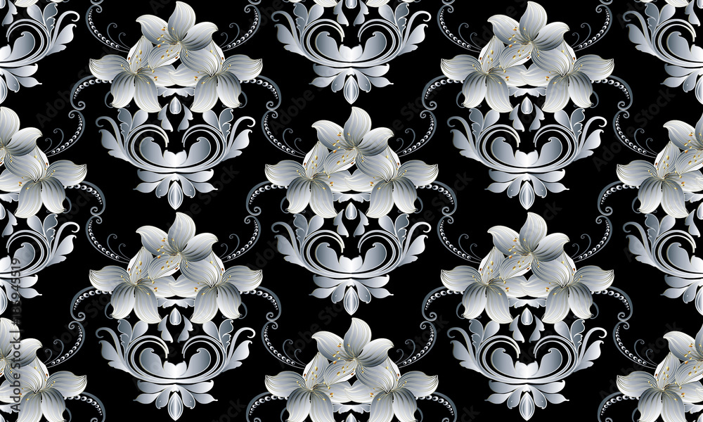 Vintage floral seamless pattern vector black damask background wallpaper with hand drawn white striped d lily flowers swirl leaves dots renaissance ornaments luxury surface d flowers texture