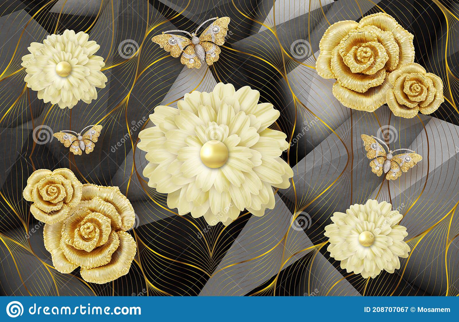 D mural wallpaper for wall abstract black background with golden flowers lines and butterfly stock image