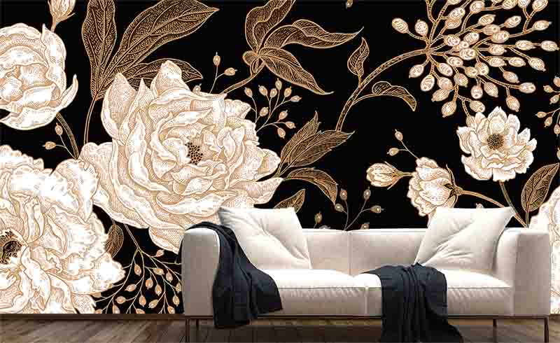 Wallpaper mural big flowers on black background