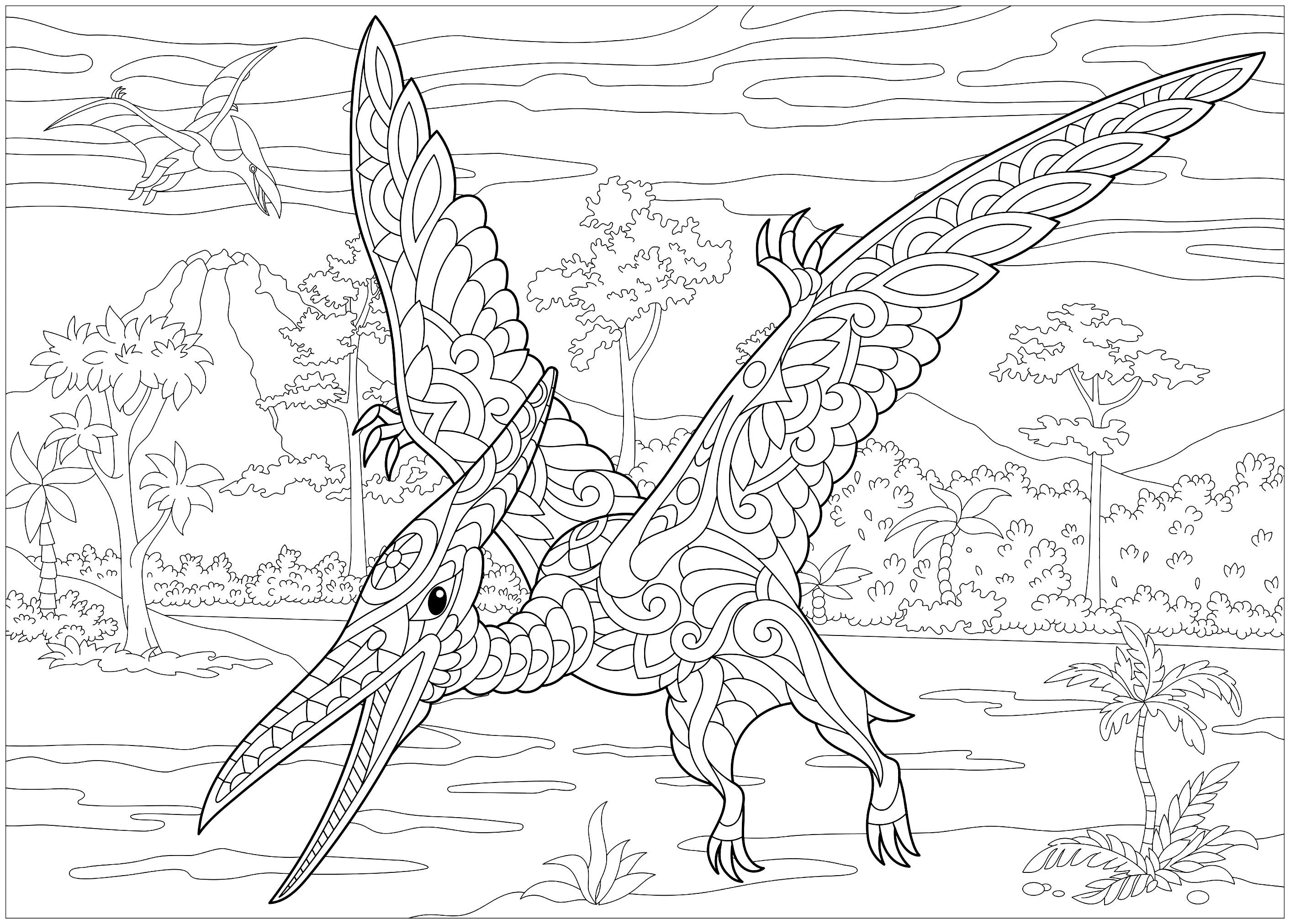 Stylized pterodactyl dinosaur with doodle and zentangle elements dinosaur coloring pages coloring book pages adult coloring book pages
