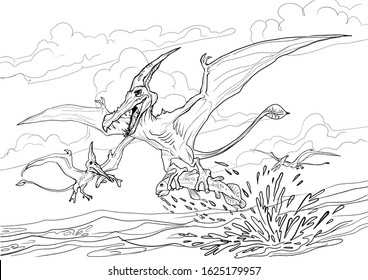 Pterodactyl dinosaur coloring page children adults stock illustration