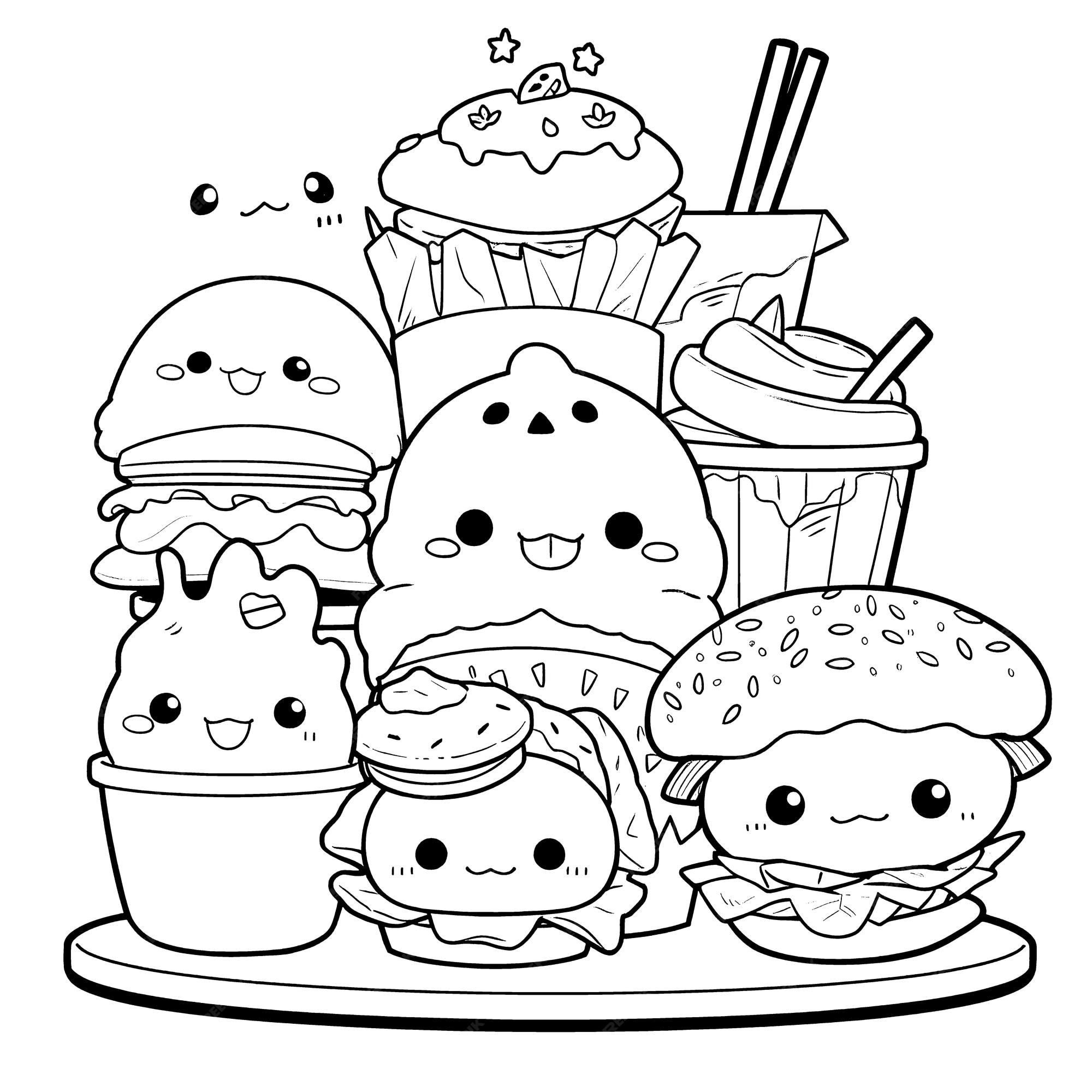 Premium vector cute fast food black and white coloring page for kids and adults line art simple cartoon style happy cute and funny