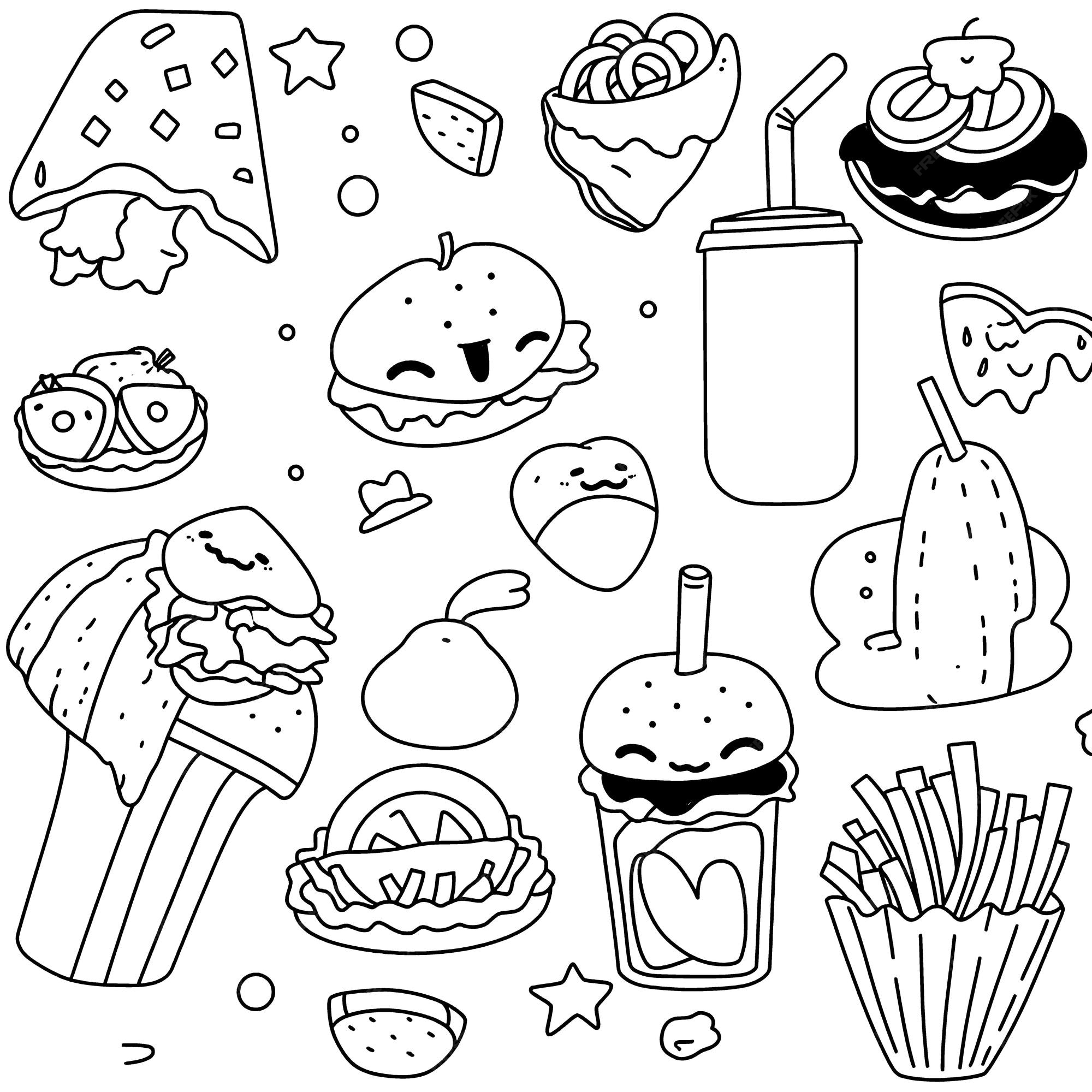 Premium vector cute fast food black and white coloring page for kids and adults line art simple cartoon style happy cute and funny