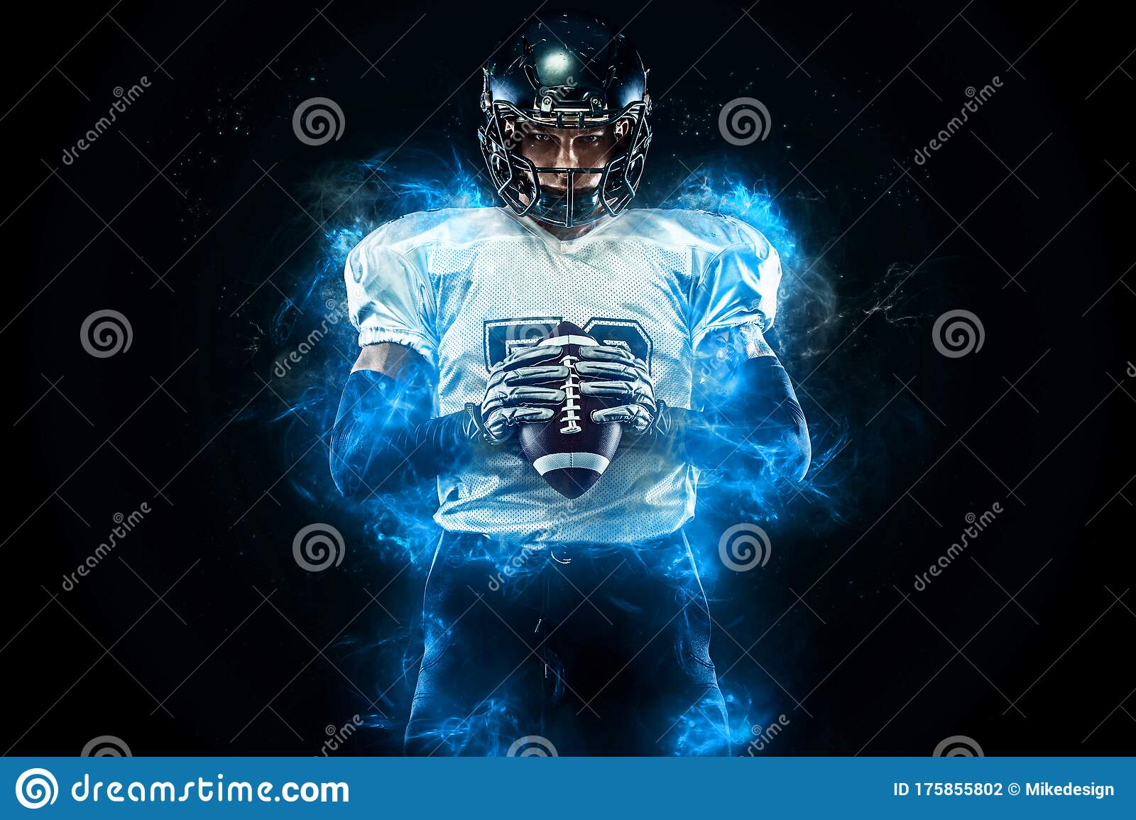 American football player in helmet with ball in hands fire background team sports sport wallpaper stock photo